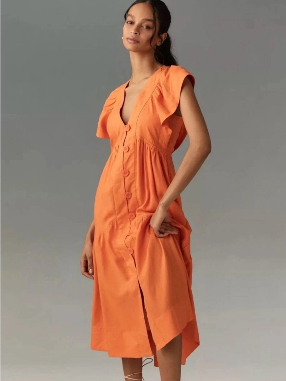 Anthropologie Orange Button-Front Maxi Dress